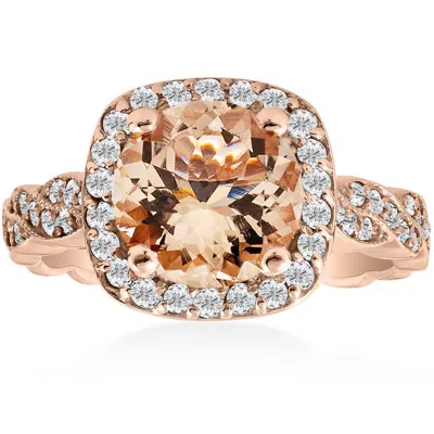 Pompeii3 1 7/8ct Morganite & Diamond Vintage Halo Infinity Ring 14k Rose Gold In Silver