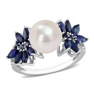 Mimi & Max 9-9.5 Mm Cultured Freshwater Pearl And 3/8 Ct Tgw Sapphire And 1/8 Ct Tw Diamond Flower Ring In 14k In White