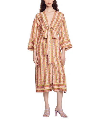 Sandro True Floral Stripe-print Silk Midi Dress In Pink