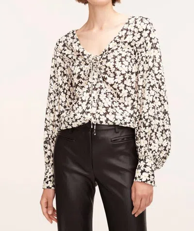 Rebecca Taylor Paige Fleur Drawstring Blouse In Black White Flower Combo In Black