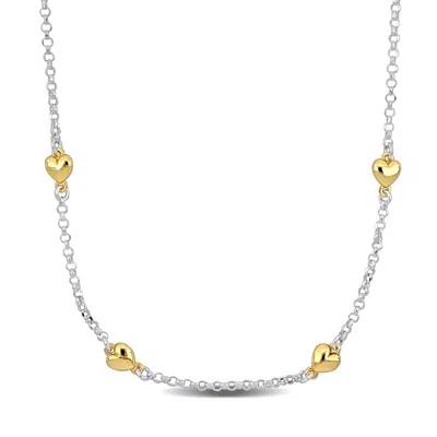 Mimi & Max Four Heart Charm Station Necklace In Two-tone Yellow And White Sterling Silver-16.5+1 In In Gold