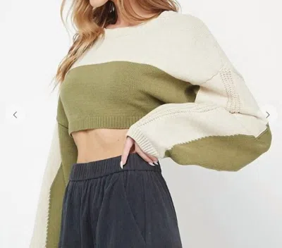 Needii Long Sleeve Two Tone Cropped Sweater In Cream/olive In Green
