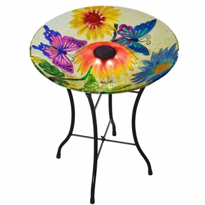 Teamson Home - Outdoor 18 Inch Handpainted Butterfly Fusion Glass Solar Bird Bath W/ Stand