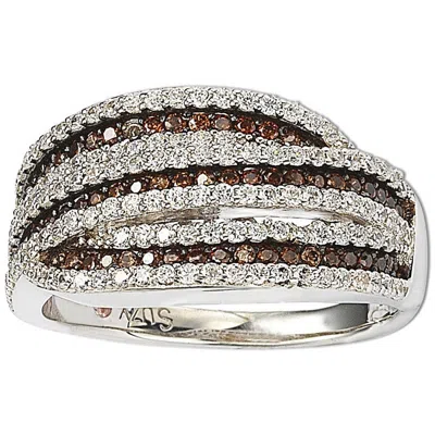Suzy Levian Sterling Silver White And Brown Cubic Zirconia Intertwined Ring In Black