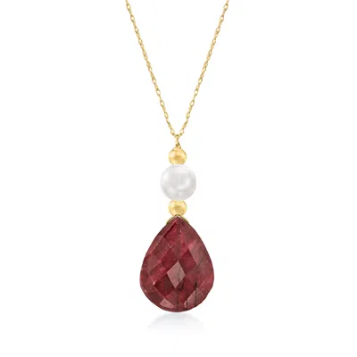 Ross-simons Ruby And Cultured Pearl Drop Necklace In 14kt Yellow Gold In Multi