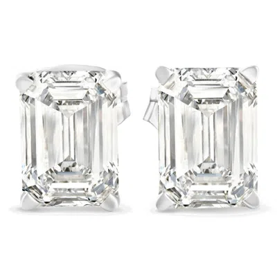 Pompeii3 2 1/4 Ct Lab Grown Emerald Cut Diamond Studs 14k White Gold Earrings In Silver
