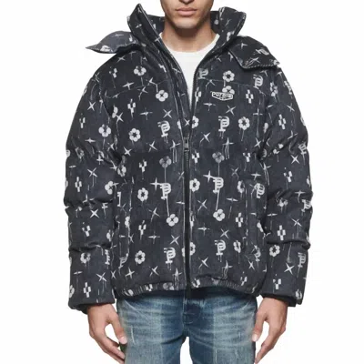 Purple Brand Printed Corduroy Puffer Jacket In Black In Grey