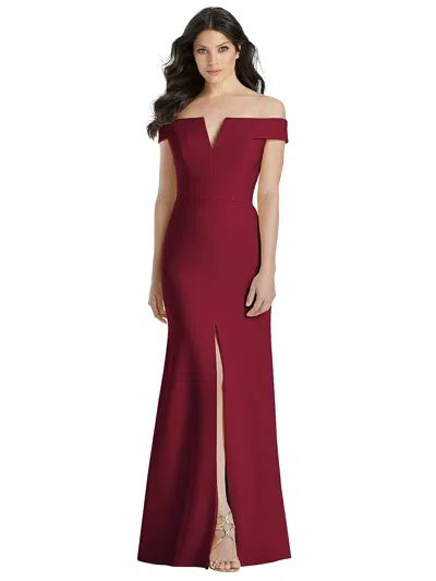 Dessy Collection Off-the-shoulder Notch Trumpet Gown With Front Slit In Pink