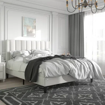 Quikfurn Full Size White Velvet Upholstered Platform Bed Frame With Headboard