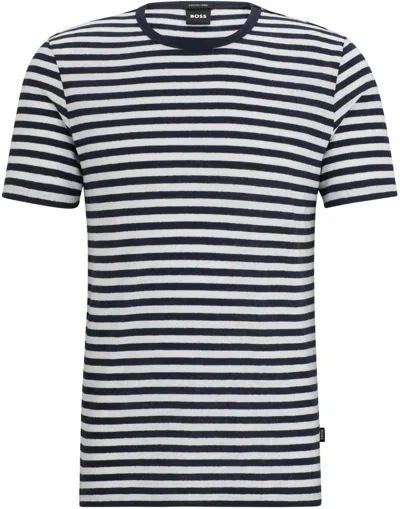 Hugo Boss Men's Tiburt 457 Striped Linen Short Sleeve Crew Neck T-shirt, Navy/white In Blue