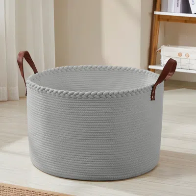 Ornavo Home Extra Large Round Cotton Rope Storage Basket Laundry Hamper With Leather Handles