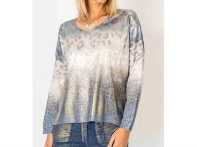 Look Mode Usa Shimmer V Neck Cheetah Print Sweater In Blue In Silver