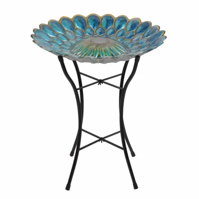 Teamson Home 18" Outdoor Solar Glass Flower Mosaic Birdbath With Led Lights And Stand
