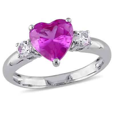 Mimi & Max Created Pink And Created White Sapphire Heart Ring In Sterling Silver In Purple