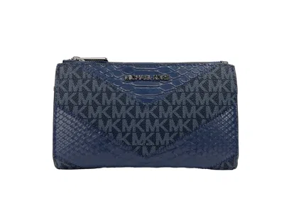 Michael Kors Jet Set Large Double Zip Python Navy Wristlet Women's Wallet In Blue