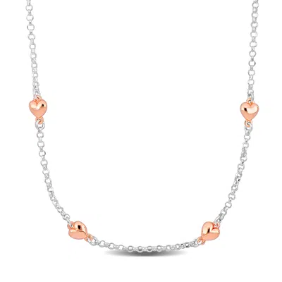 Mimi & Max Four Heart Charm Station Necklace In Two-tone Rose And White Sterling Silver-16.5+1 In In Orange