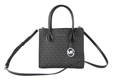 Michael Kors Mercer Medium Black Signature Leather Messenger Crossbody Handbag In Black