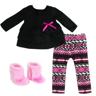 Teamson Sophia's Ikat Print Knit Leggings, Long-sleeved Top, & Fuzzy Boots Outfit For 18" Dolls, Hot Pink/bl
