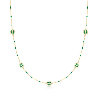Ross-simons Italian Green Enamel Clover Station Necklace In 14kt Yellow Gold In Green