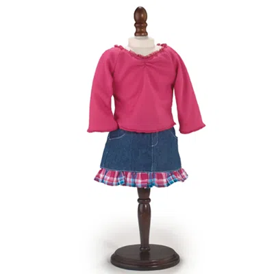 Teamson Sophia's Long-sleeved Cinched Tee & Denim Skirt For 18" Dolls, Hot Pink/blue