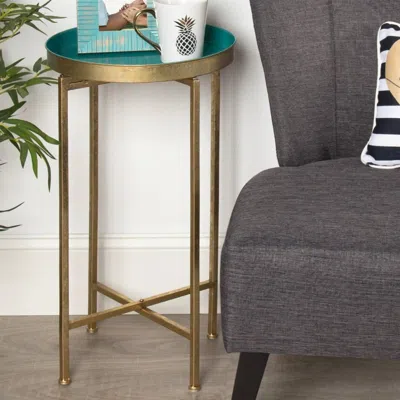 Quikfurn Gold Finish Metal Round End Table Nightstand With Removable Teal Tray Top