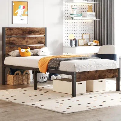Quikfurn Twin Size Modern Farmhouse Metal Platform Bed Frame With Brown Wood Headboard