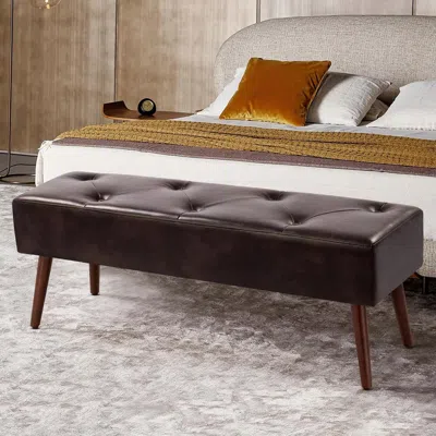 Quikfurn Mid-century Bed Bench With Dark Brown Leather Upholstered Seat Solid Wood Legs