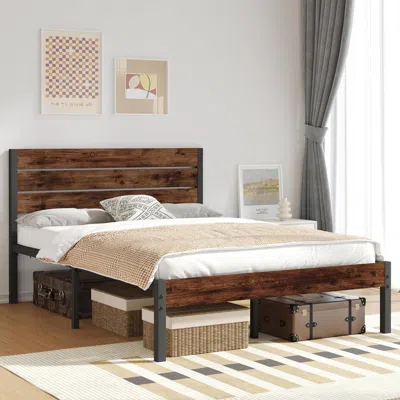 Quikfurn Full Size Modern Farmhouse Metal Platform Bed Frame With Brown Wood Headboard