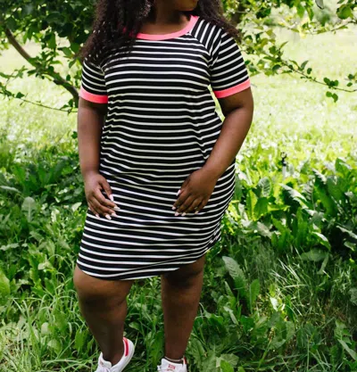 Now N Forever Later Skater T-shirt Dress With Hot Pink Trim In Black/white Stripe In Black