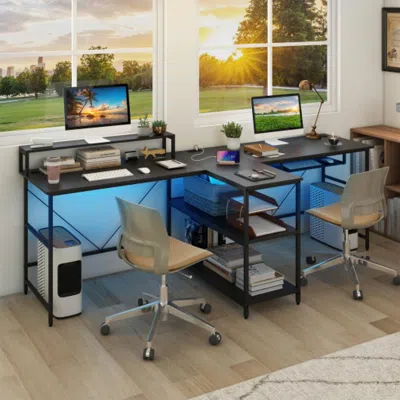 Hivvago 2-person Reversible Computer Desk Long Office Desk With Led Lights-black