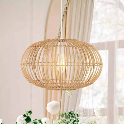 Jonathan Y Leo 17.5" 1-light Farmhouse Coastal Rattan 180" Cord Plug-in Or Hardwired Led Pendant