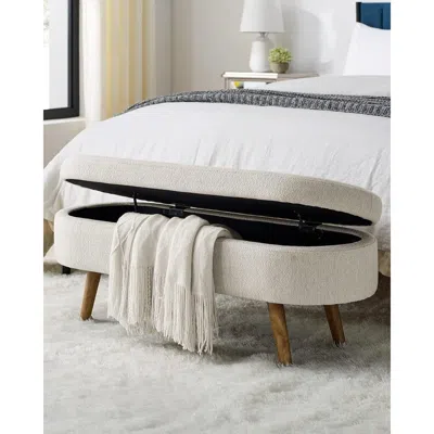 Quikfurn Mid-century Modern Boho Style Off-white Beige Linen Bedroom Storage Bed Bench