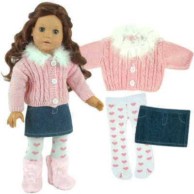 Teamson Sophia's 3 Piece Feather Trim Sweater Outfit Set For 18'' Dolls, Pink