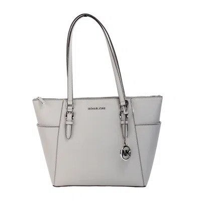 Michael Kors Charlotte Pearl Grey Large Leather Top Zip Tote Bag Purse In Grey