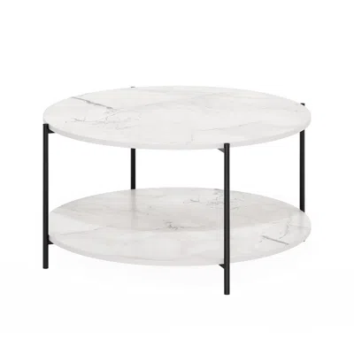 Furinno 2-tier Round Coffee Table Table With Sturdy Metal Legs, Marble White/black
