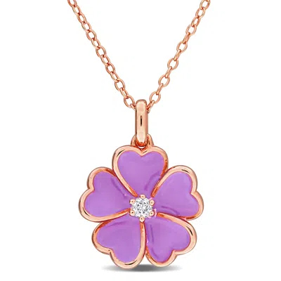 Mimi & Max 1/10ct Tgw White Topaz Purple Enamel Plated Flower Necklace Rose Silver-17 In In Purple