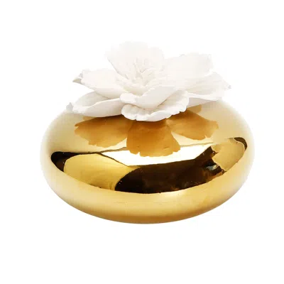 Vivience Gold Round Diffuser With Dimensional White Flower, "lily Of The Valley" Scent