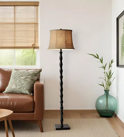 Homezia 62" Black Textured Pole Floor Lamp With Beige Burlap Shade