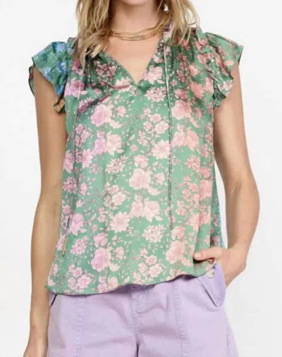 Current Air Floral Color Block Printed Blouse In Floral Green Multi In Green