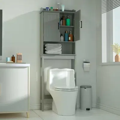 Quikfurn Over The Toilet Bathroom Storage Cabinet Shelving Unit In Grey Wood Finish