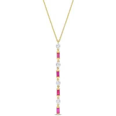 Mimi & Max 1/5ct Tdw Diamond & 1/6 Tgw Baguette Cut Ruby Lariat Necklace In 10k Yellow Gold- 16.5 In In Pink