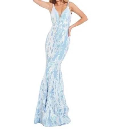Jovani 60283 Long Formal Floral Applique Prom Sequin Dress In Blue