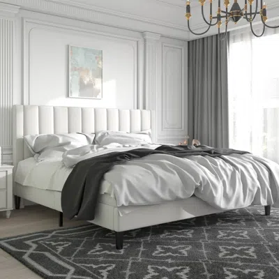 Quikfurn King Size White Velvet Upholstered Platform Bed Frame With Headboard