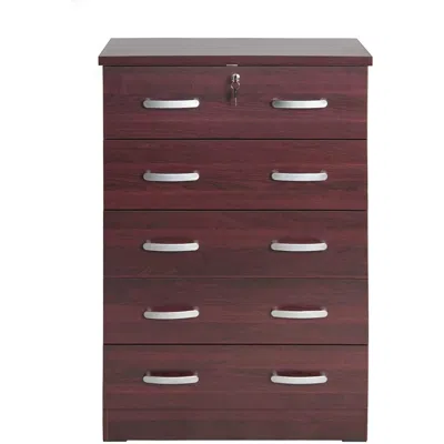 Better Home Products Cindy 5 Drawer Chest Wooden Dresser With Lock In Mahogany