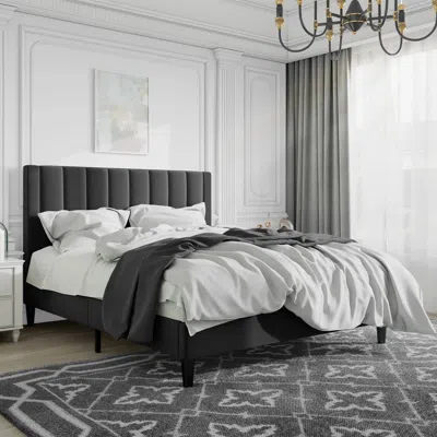 Quikfurn Full Size Black Velvet Upholstered Platform Bed Frame With Headboard