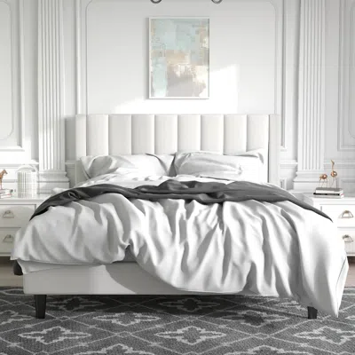 Quikfurn Queen Size White Velvet Upholstered Platform Bed Frame With Headboard