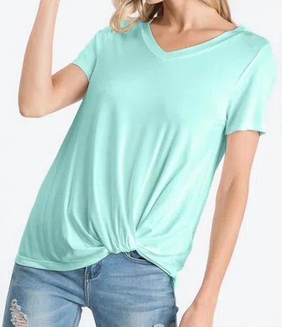 7th Ray Solid V Neck Knotted Top In Mint In Blue