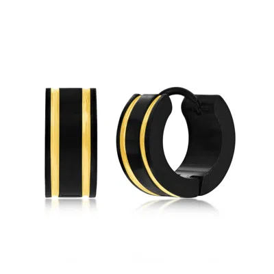 Blackjack Stainless Steel 13mm Black & Gold Double Lined Hoop Earrings In Black