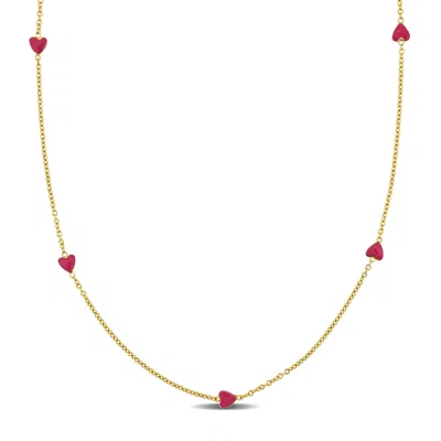 Mimi & Max Pink Enamel Heart Station Necklace In 14k Yellow Gold - 15 In In Red