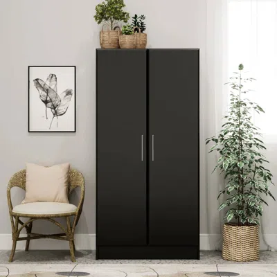 Quikfurn Bedroom Armoire Wardrobe Cabinet With Hanging Rail In Black Wood Finish
